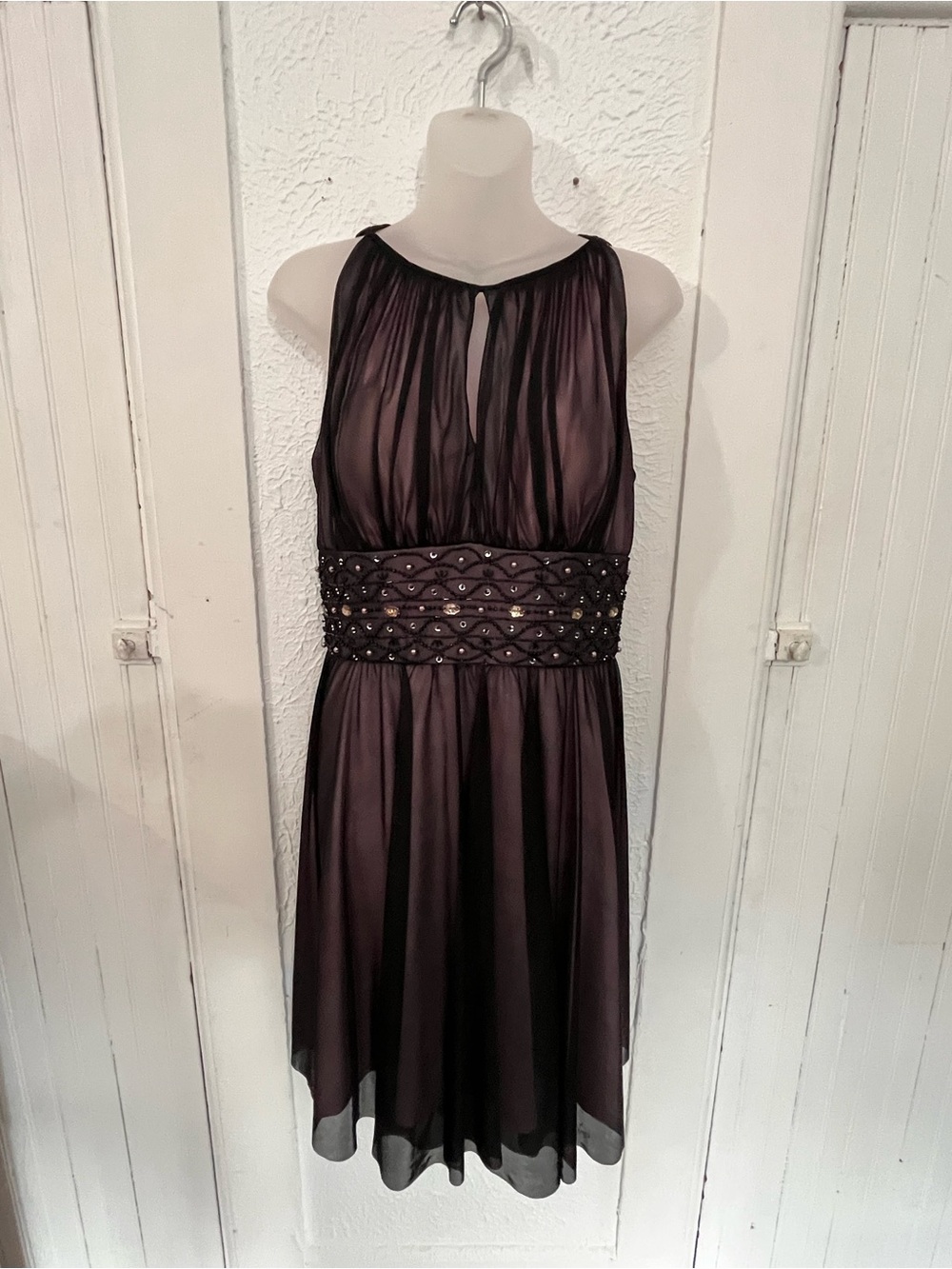Sheer Halter Cocktail Dress with Beaded Waistband